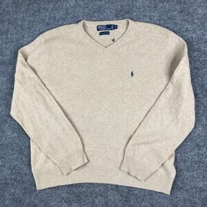 Polo Ralph Lauren Sweater Mens XL Beige Lambswool V-Neck Knit Long Sleeve